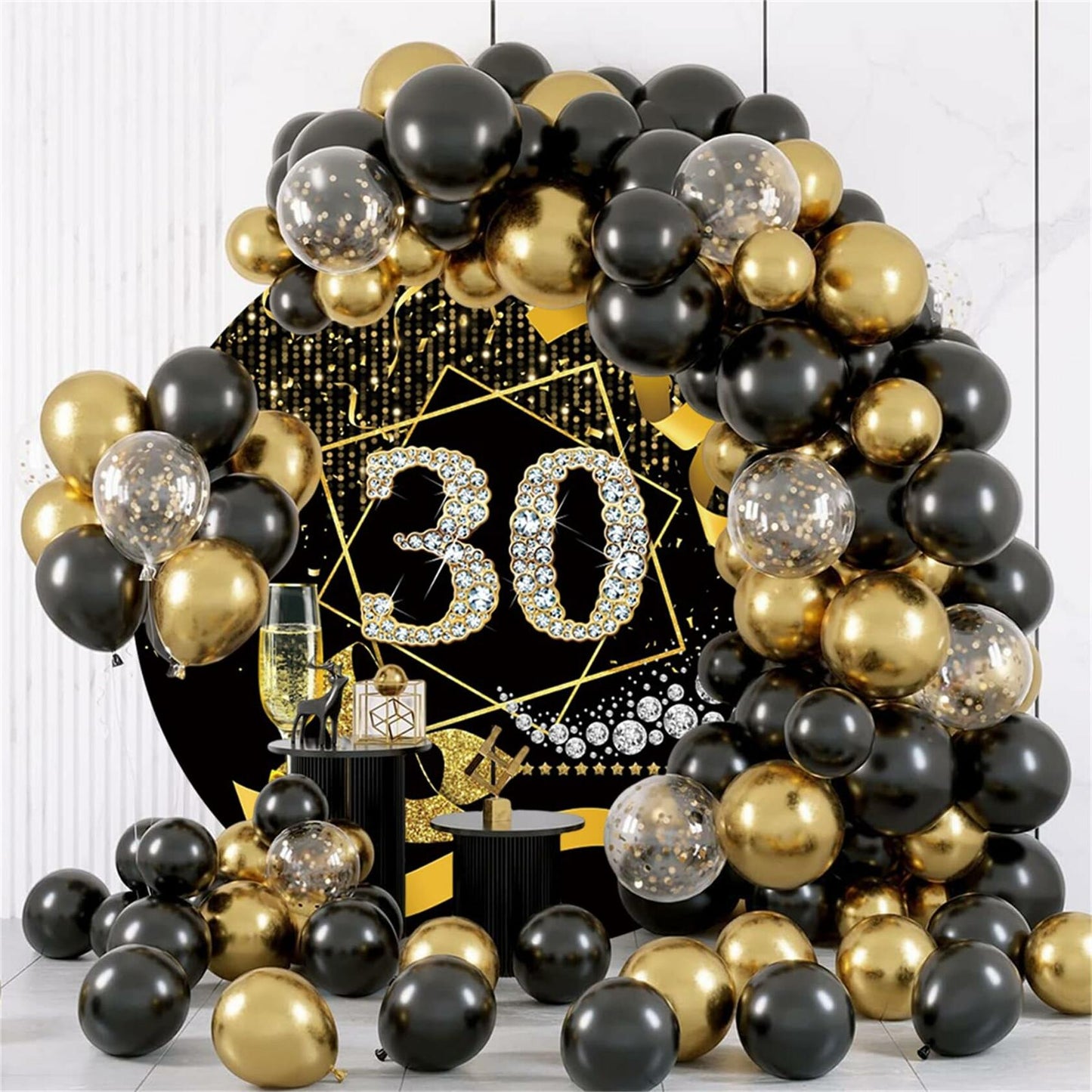 Baocicco 7.5ft 30th Birthday Round Backdrop Black Gold Glitter Ribbon
