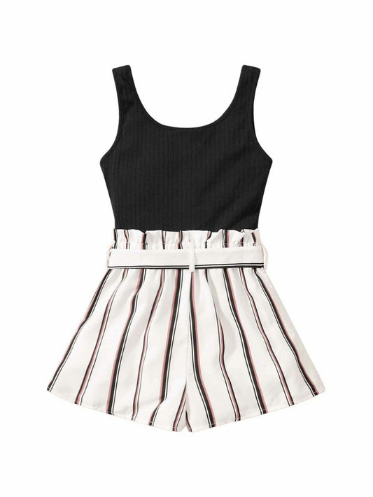 Girl's Sleeveless Notch Neck Belted Romper Striped Rib Knit Black White Size 8Y