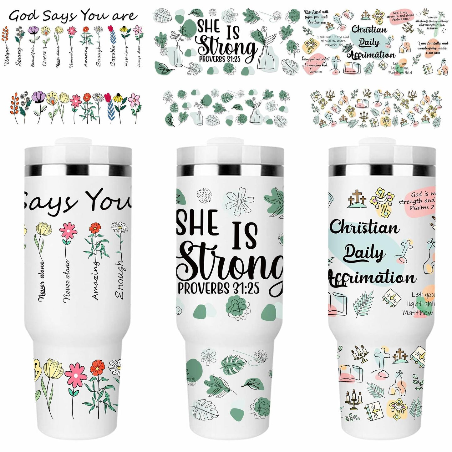 UV DTF Cup Wrap Transfer 6 Sheets Bible Verse Floral Waterproof 40oz Tumbler