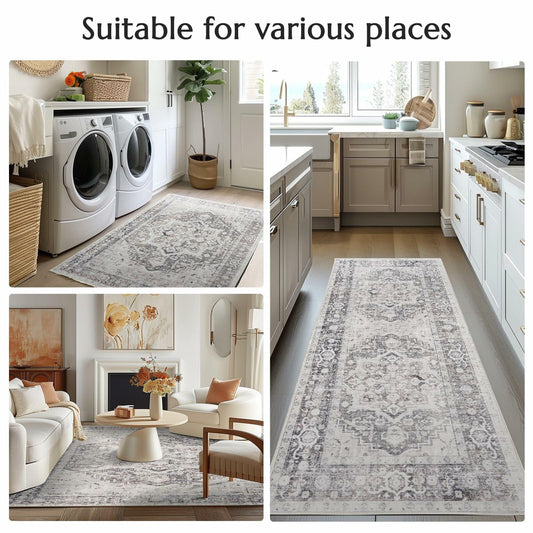 jinchan Area Rug 4x6 Washable Vintage Floral Non Slip Indoor Greige