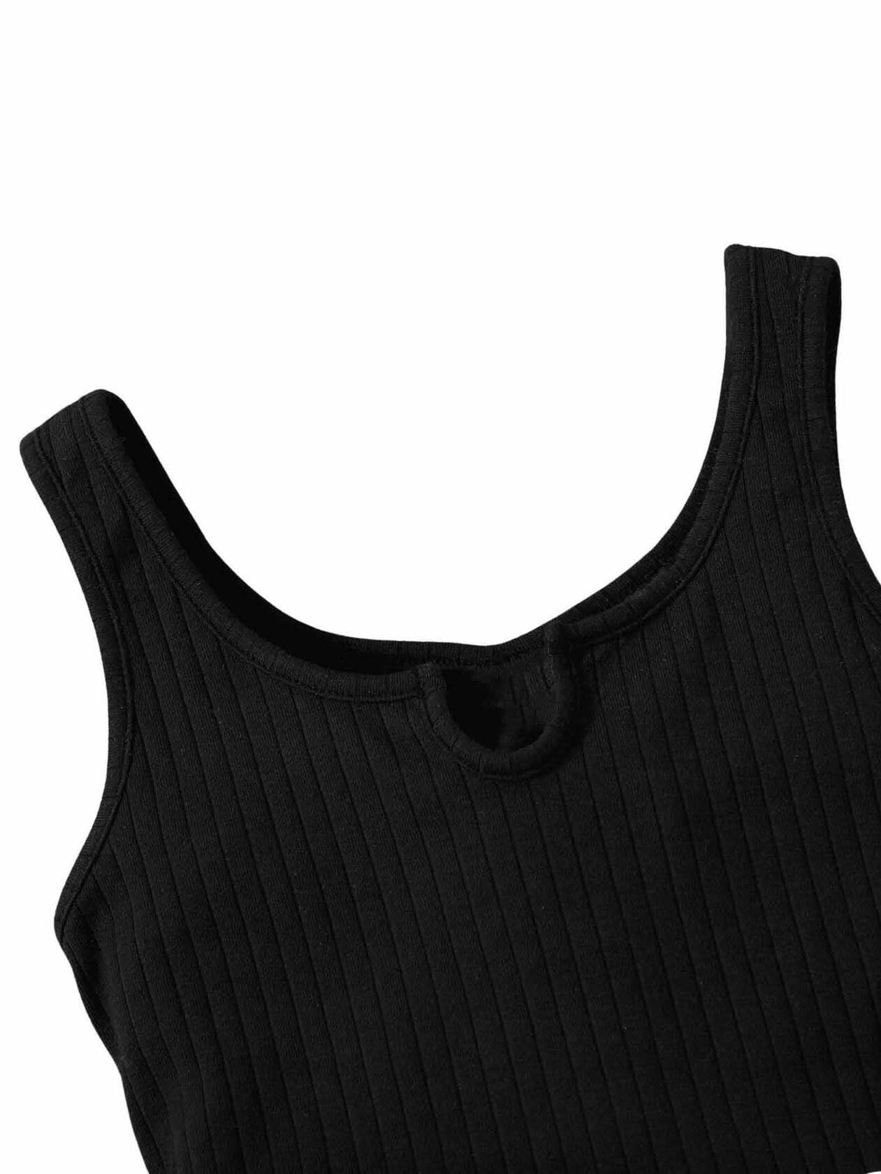 Girl's Sleeveless Notch Neck Belted Romper Striped Rib Knit Black White Size 8Y