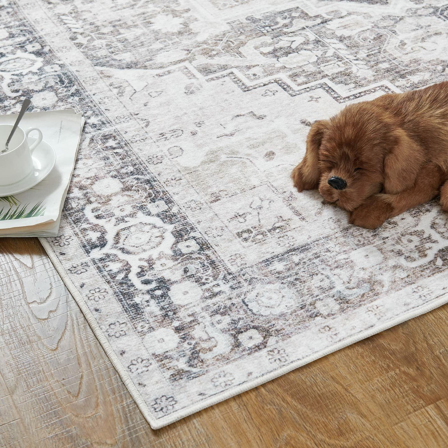 jinchan Area Rug 4x6 Washable Vintage Floral Non Slip Indoor Greige