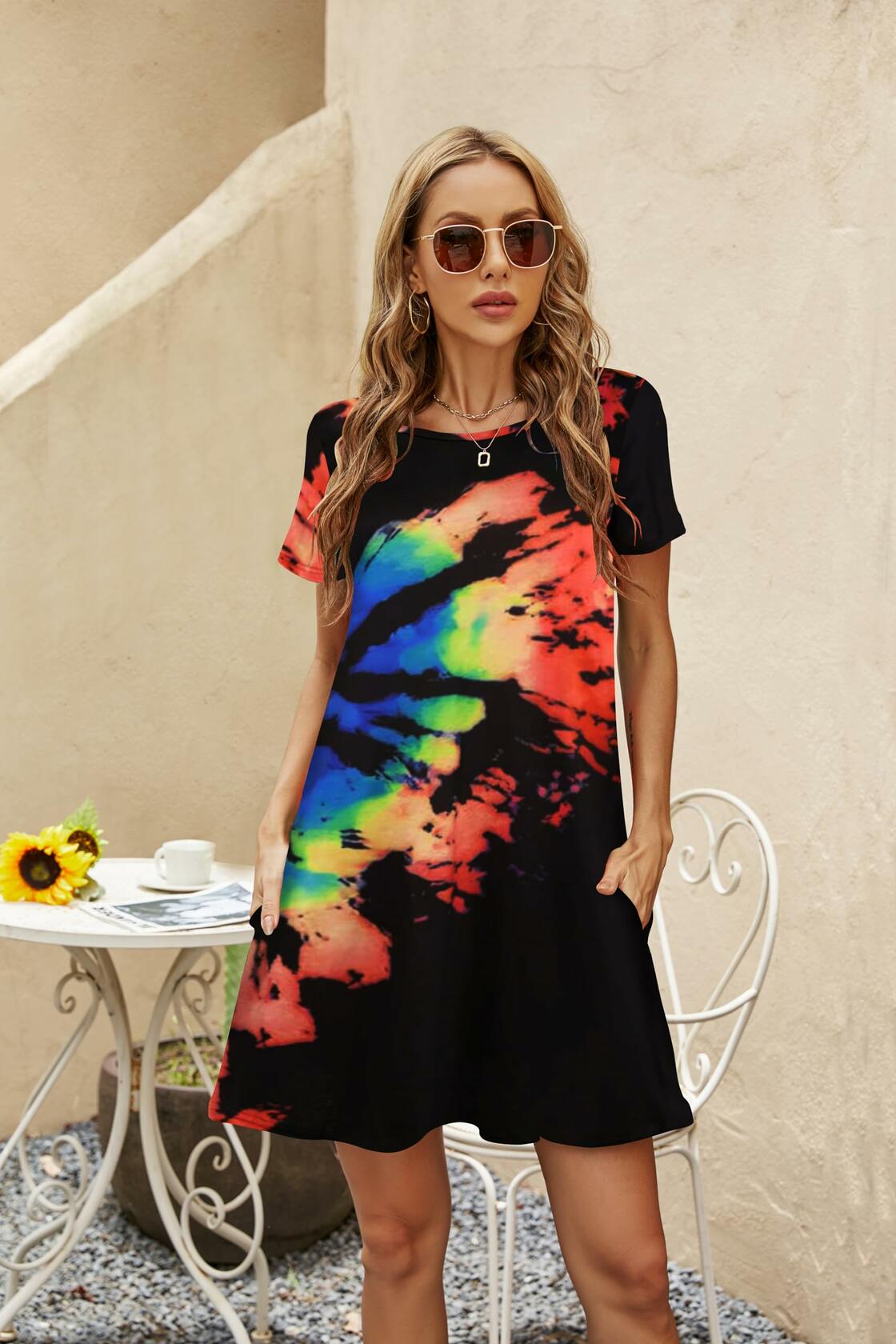 Halife Women's Casual Summer Short Sleeve Colorful Beach Dress Size S