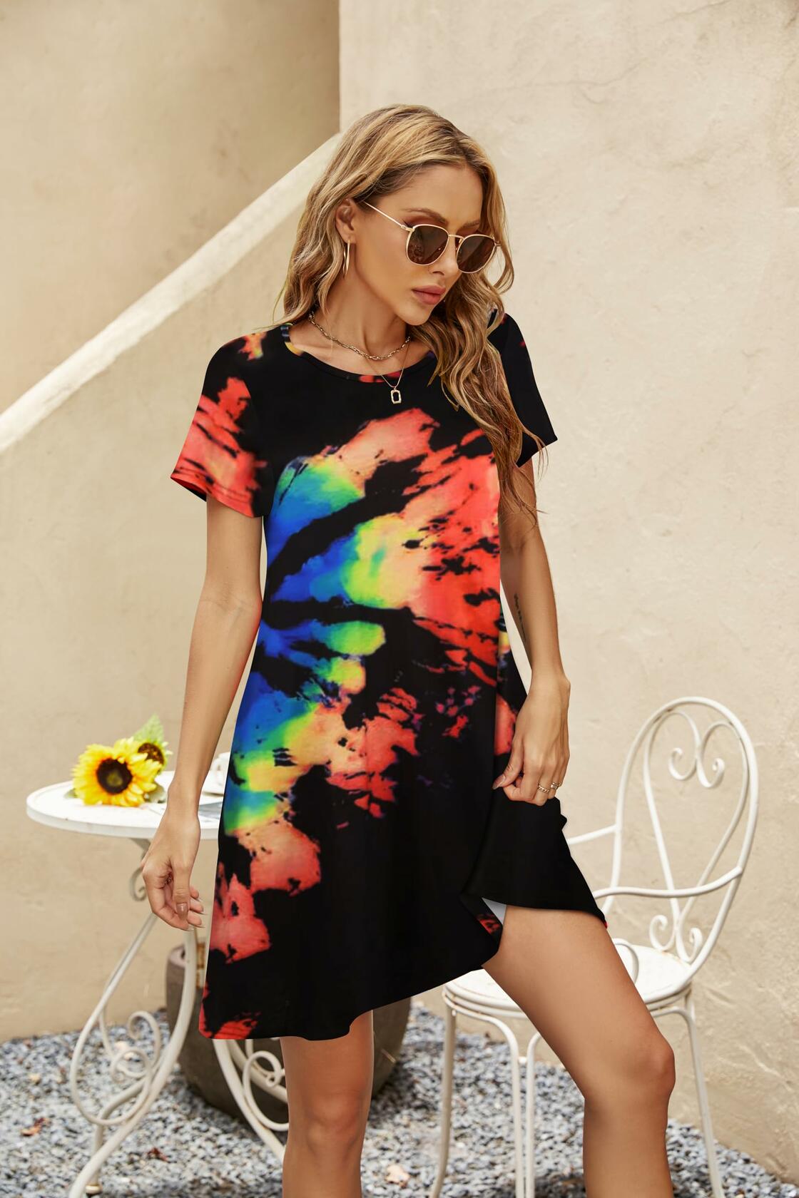 Halife Women's Casual Summer Short Sleeve Colorful Beach Dress Size S