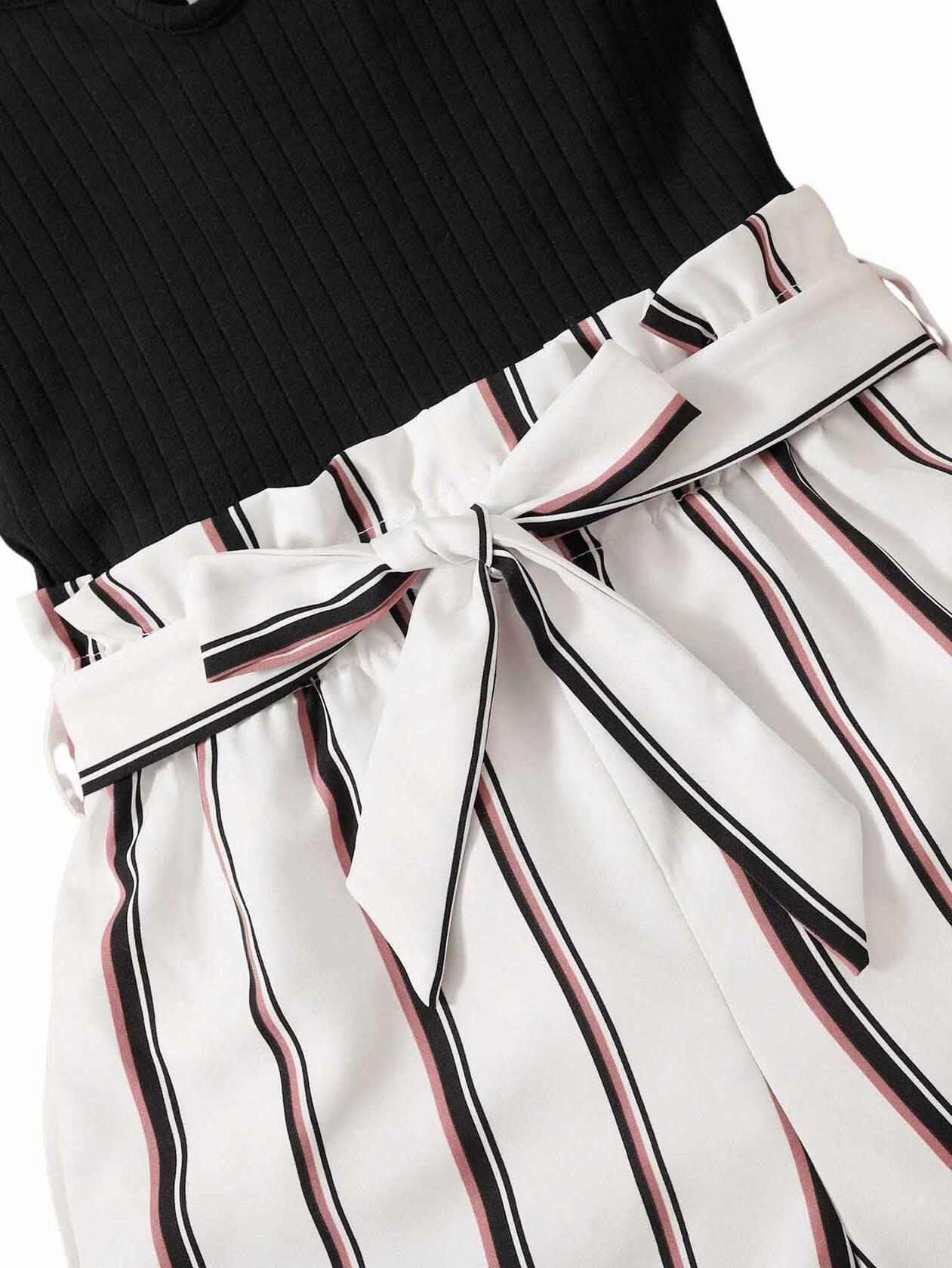Girl's Sleeveless Notch Neck Belted Romper Striped Rib Knit Black White Size 8Y
