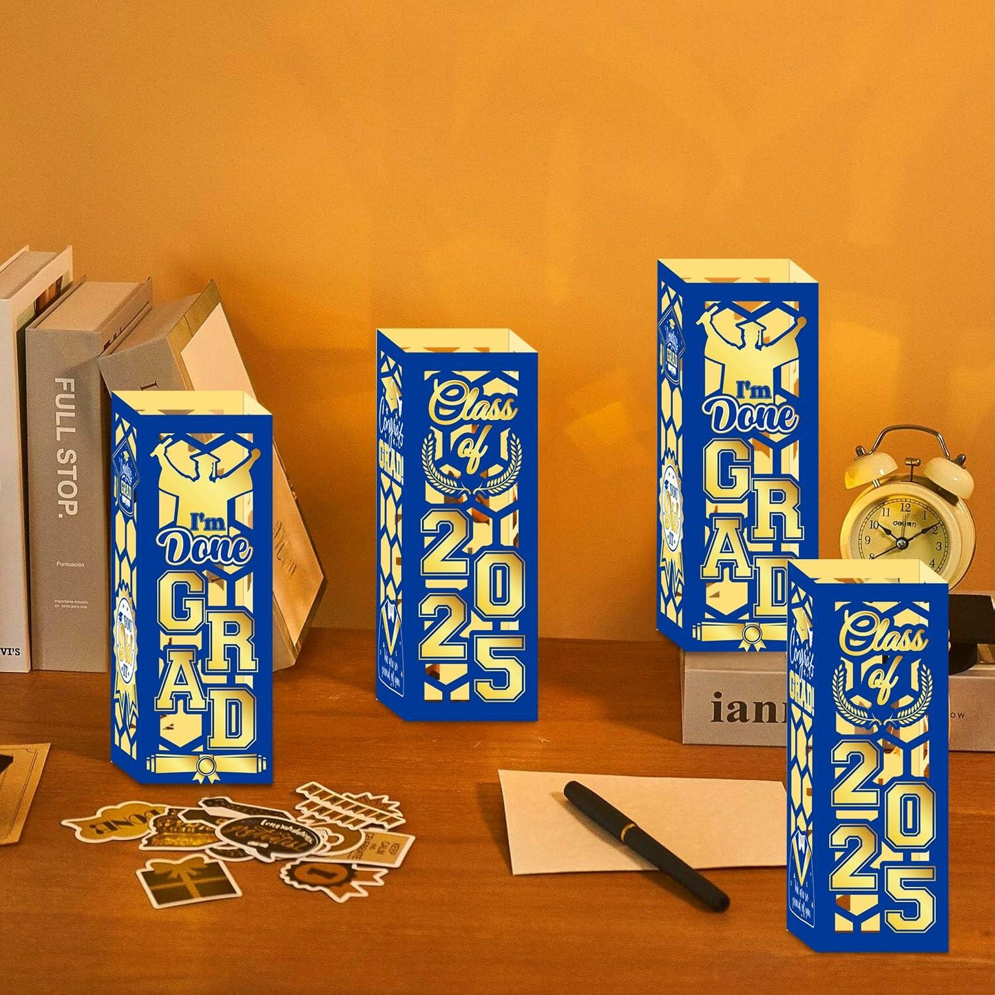 6 Pcs Graduation Table Centerpieces Lantern Boxes LED Light Blue Class 2025