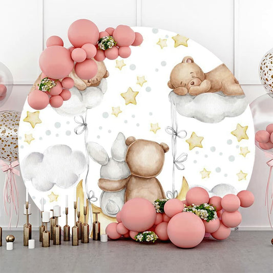 Baocicco 6ft Cartoon Bear Rabbit Round Backdrop White Clouds Watercolor