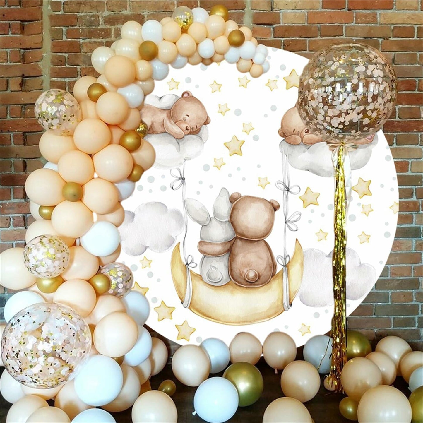 Baocicco 6ft Cartoon Bear Rabbit Round Backdrop White Clouds Watercolor