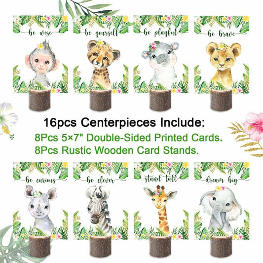16Pcs Pink Jungle Safari Baby Shower Centerpieces with Wooden Stands