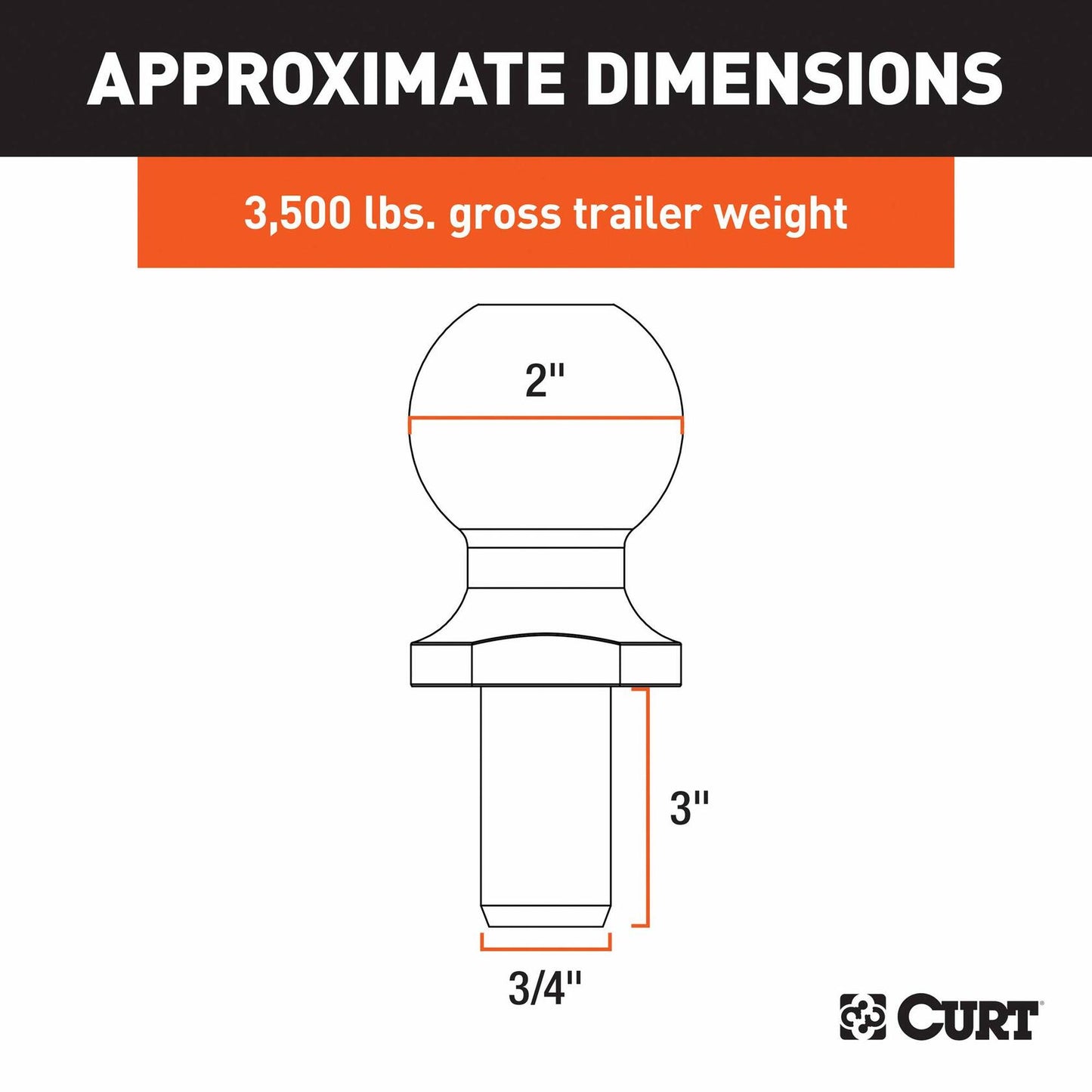 CURT Trailer Hitch Ball 2" Diameter 3/4x3" Shank Chrome 3500 lbs