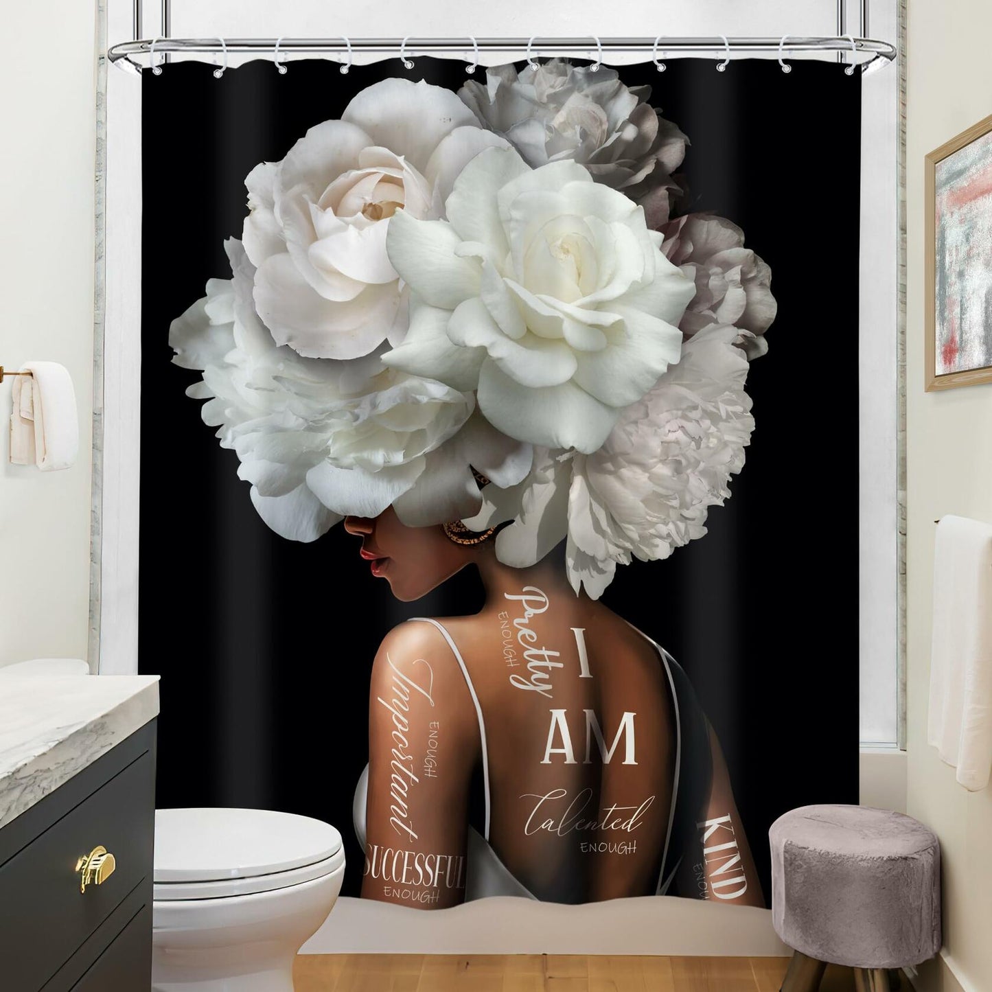 Riyidecor African American Shower Curtain 72x72 White Peony Floral 12 Hooks