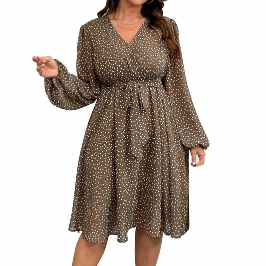 RWJ Plus Size Chiffon V Neck Swiss Dot Belt Dress Long Sleeve Coffee Size Plus