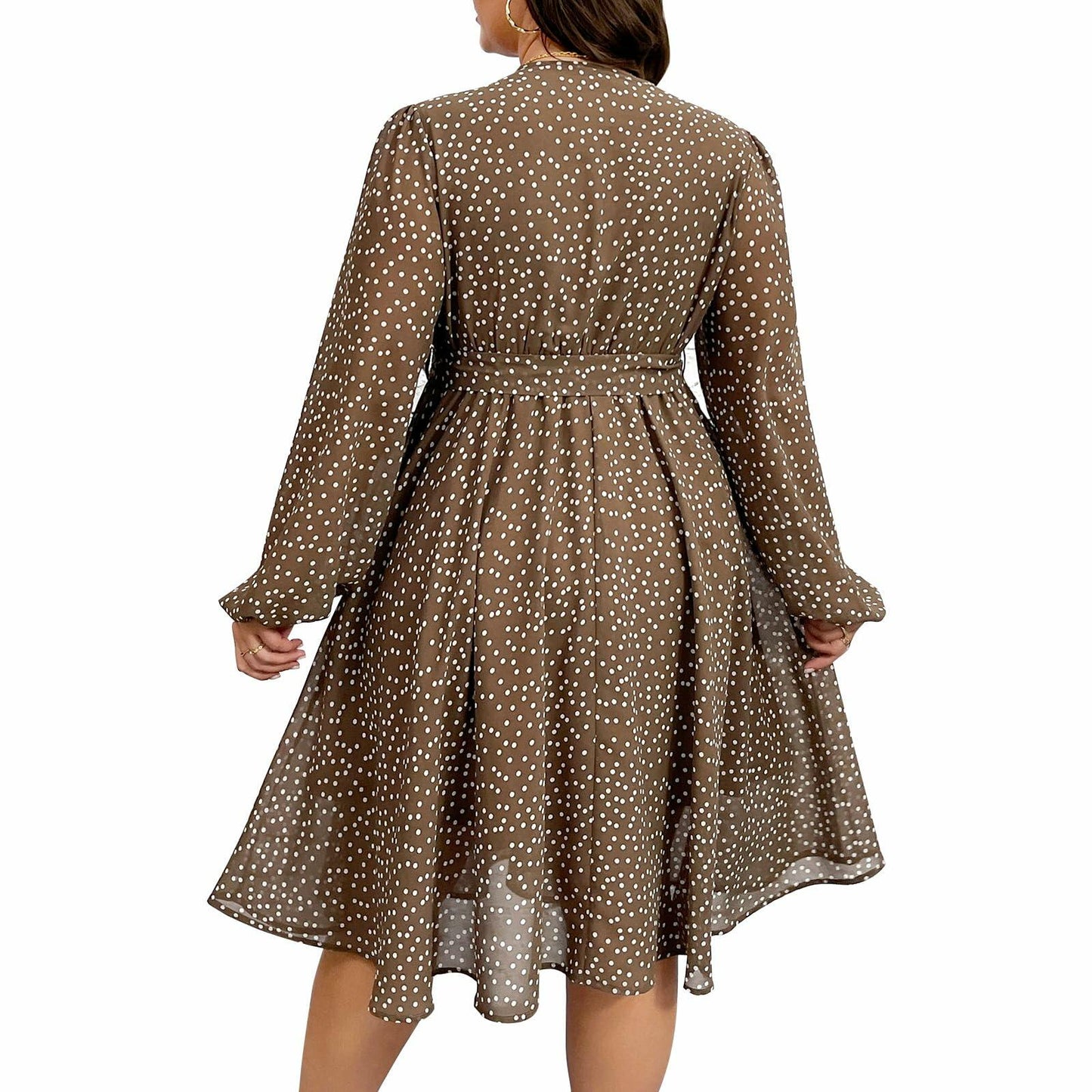 RWJ Plus Size Chiffon V Neck Swiss Dot Belt Dress Long Sleeve Coffee Size Plus