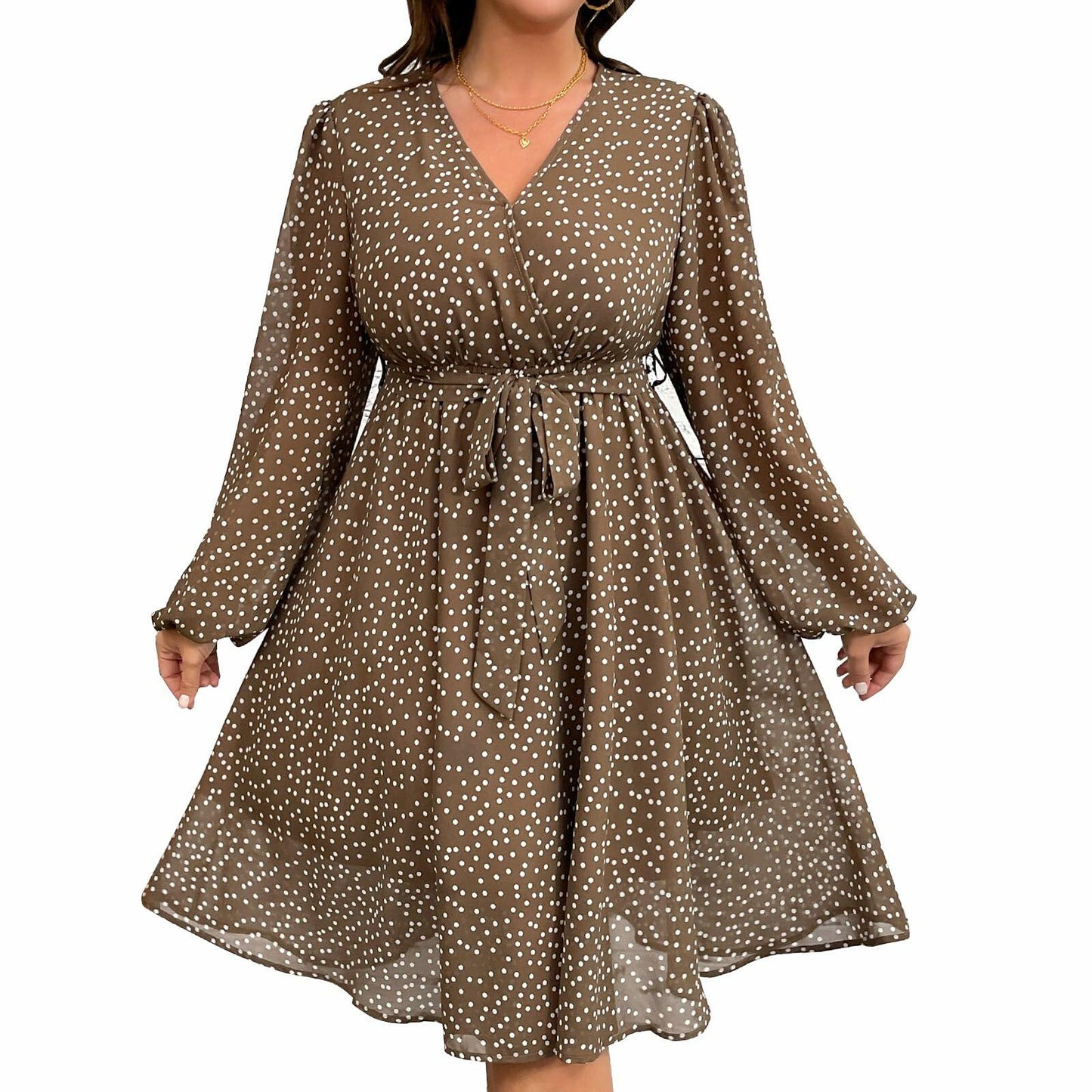 RWJ Plus Size Chiffon V Neck Swiss Dot Belt Dress Long Sleeve Coffee Size Plus