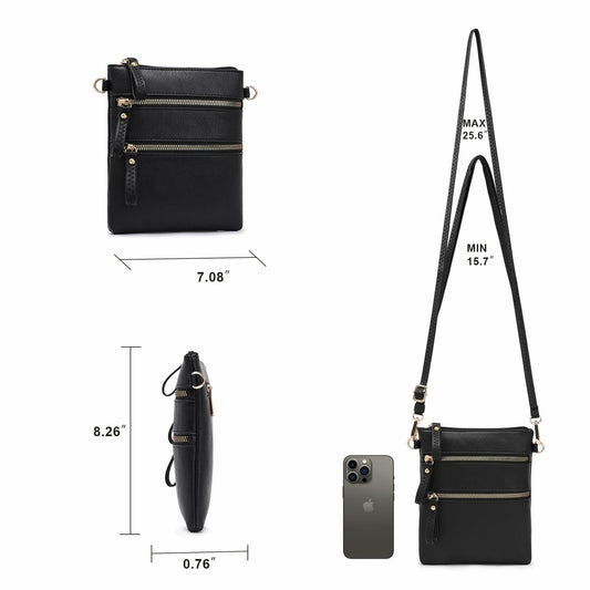 AMELIE GALANTI Small Vegan Crossbody Purse Bag Triple Zipper Black