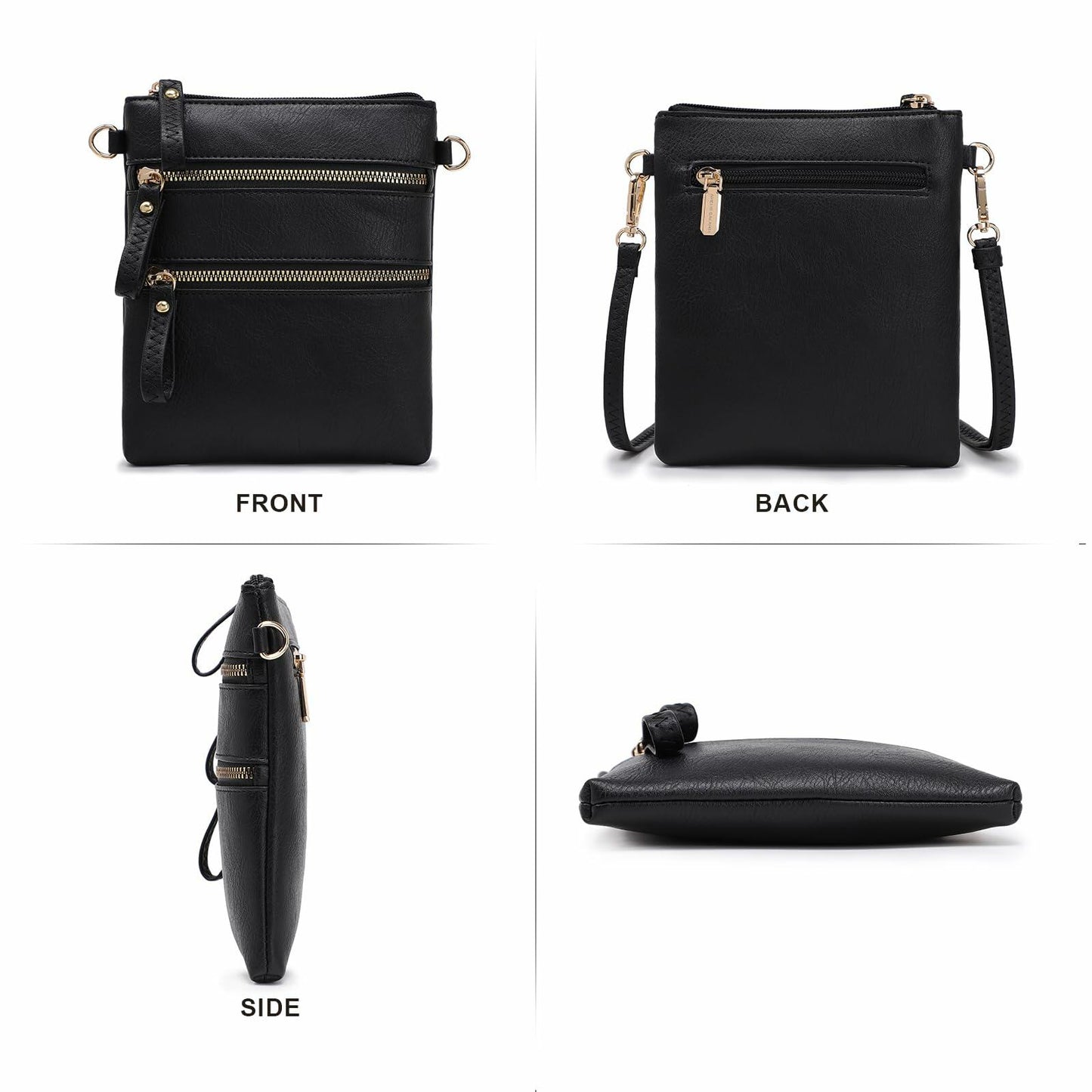 AMELIE GALANTI Small Vegan Crossbody Purse Bag Triple Zipper Black