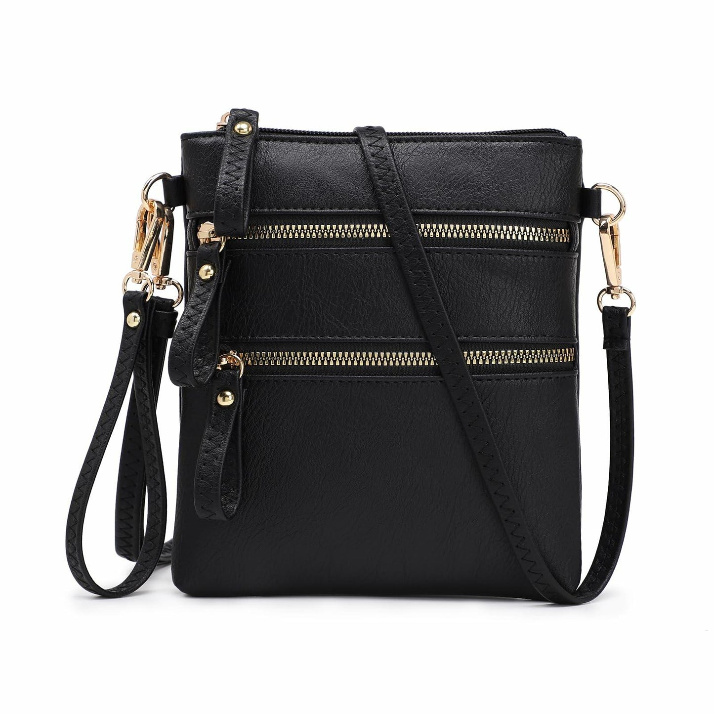 AMELIE GALANTI Small Vegan Crossbody Purse Bag Triple Zipper Black