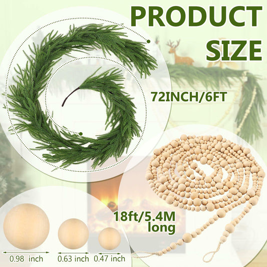 Lyrow Christmas Norfolk Pine Garland Set 6ft Pine 18ft Wooden Bead Garland