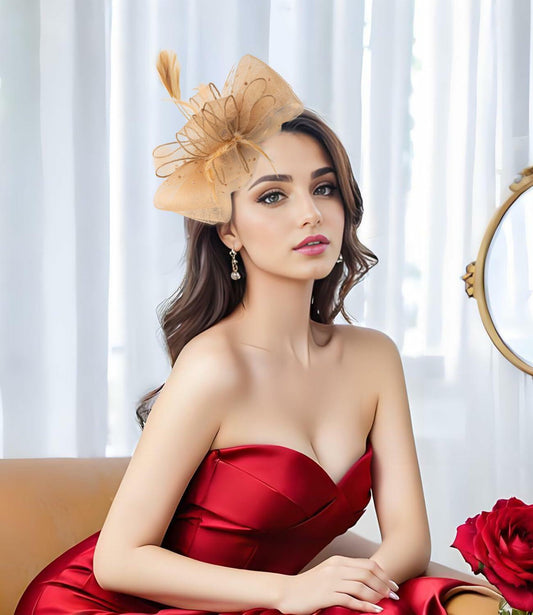 Unpifolov Fascinators Flower Mesh Feathers Headwear Dark Yellow