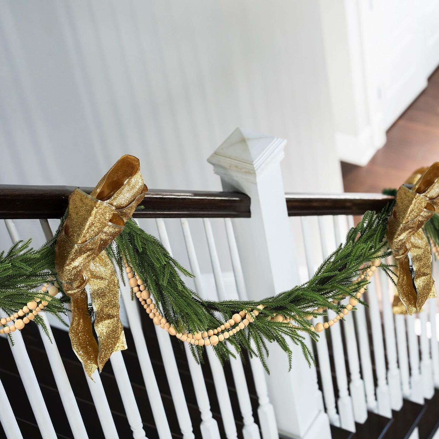 Lyrow Christmas Norfolk Pine Garland Set 6ft Pine 18ft Wooden Bead Garland