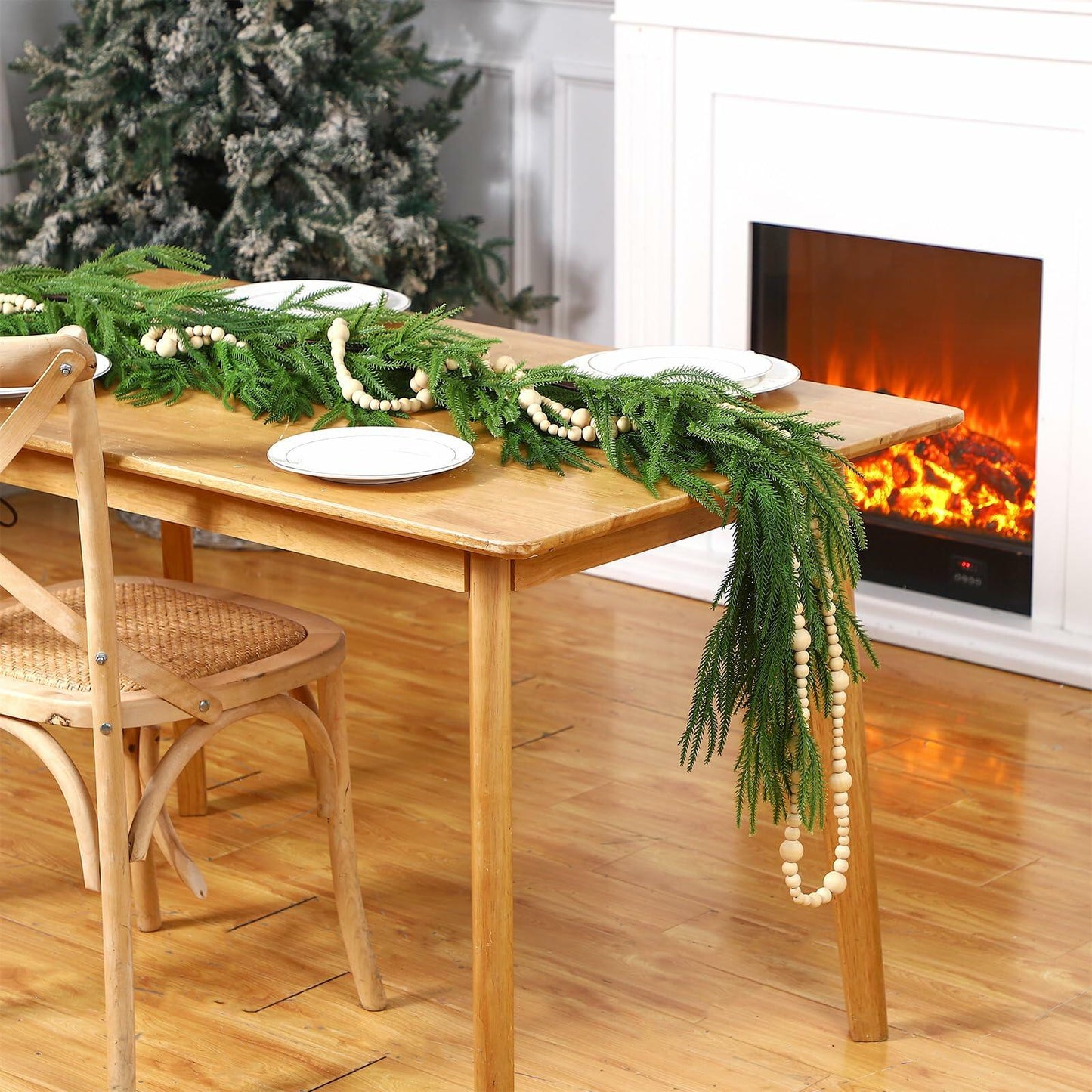 Lyrow Christmas Norfolk Pine Garland Set 6ft Pine 18ft Wooden Bead Garland