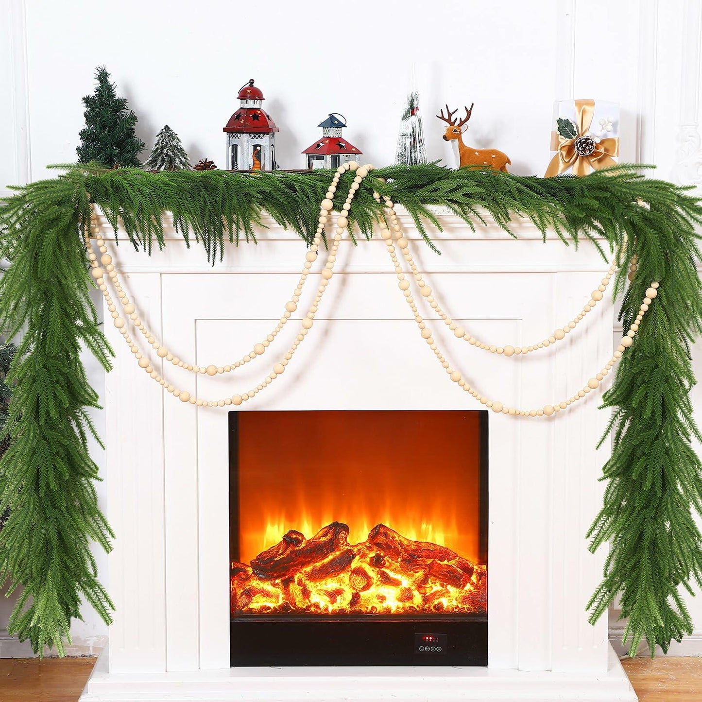 Lyrow Christmas Norfolk Pine Garland Set 6ft Pine 18ft Wooden Bead Garland
