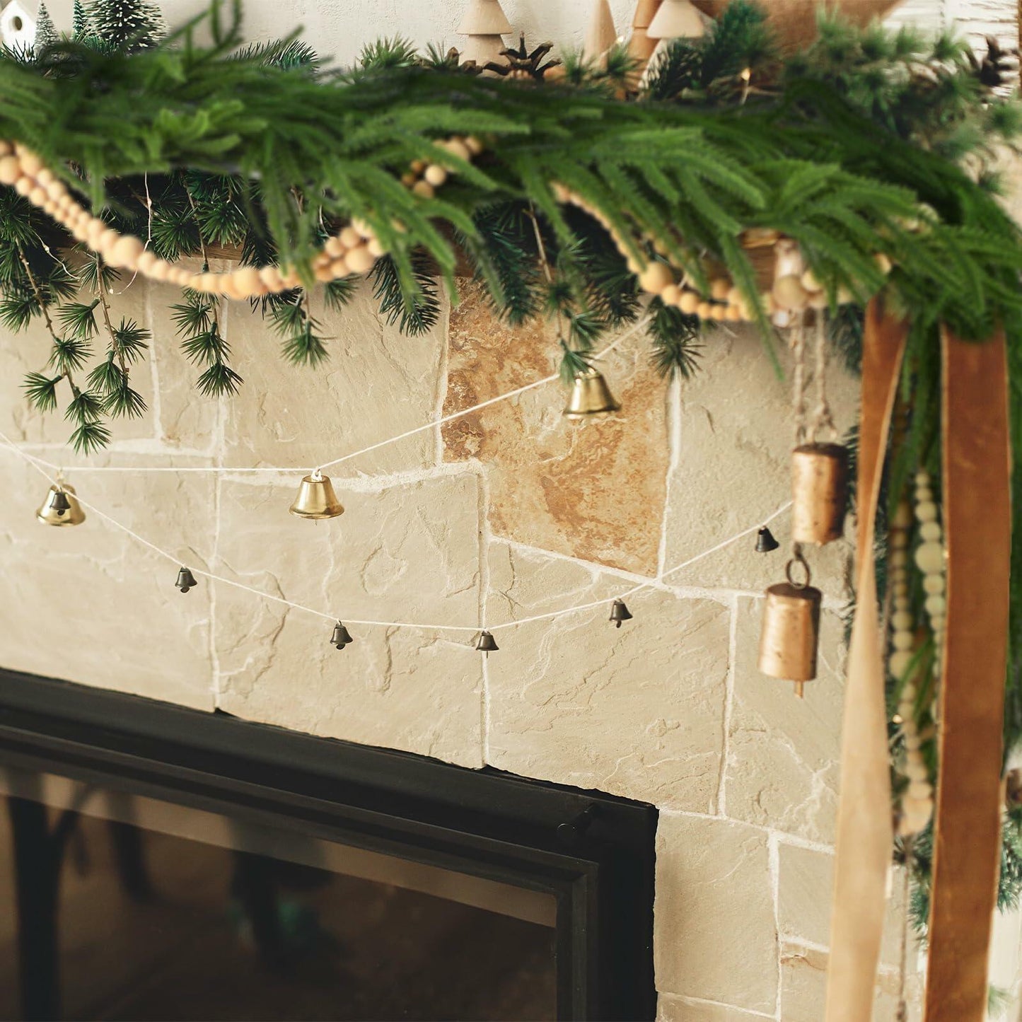 Lyrow Christmas Norfolk Pine Garland Set 6ft Pine 18ft Wooden Bead Garland