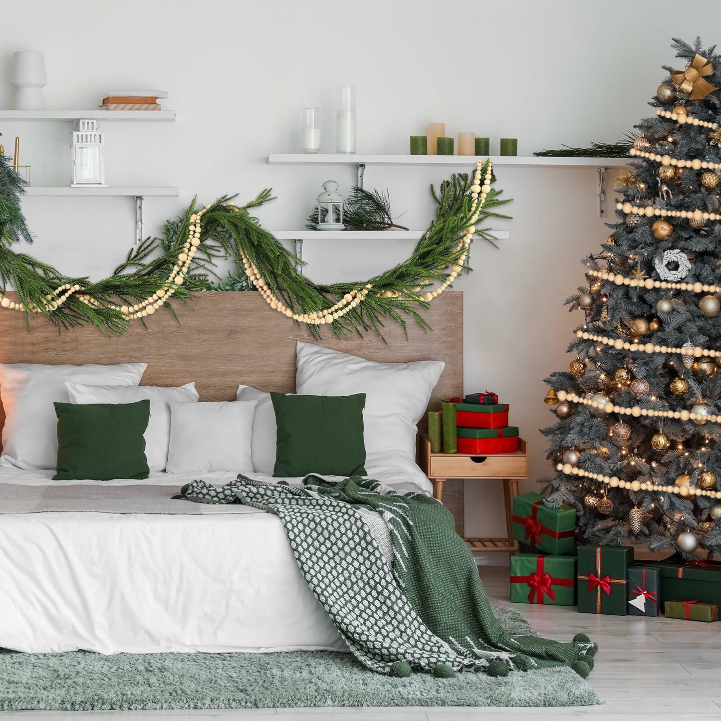 Lyrow Christmas Norfolk Pine Garland Set 6ft Pine 18ft Wooden Bead Garland