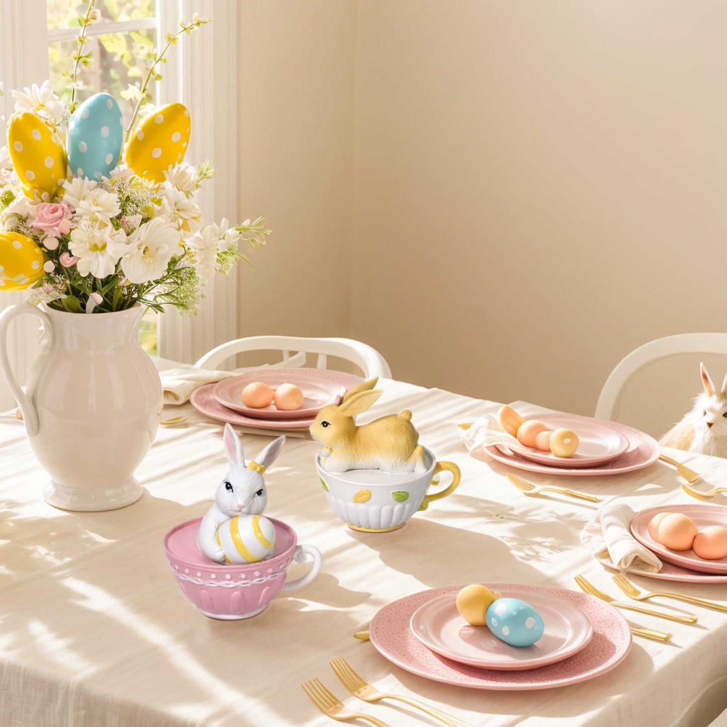 AMOYYT Easter Bunny Figurines Resin LED Rabbit Statue 4.5in Set of 2