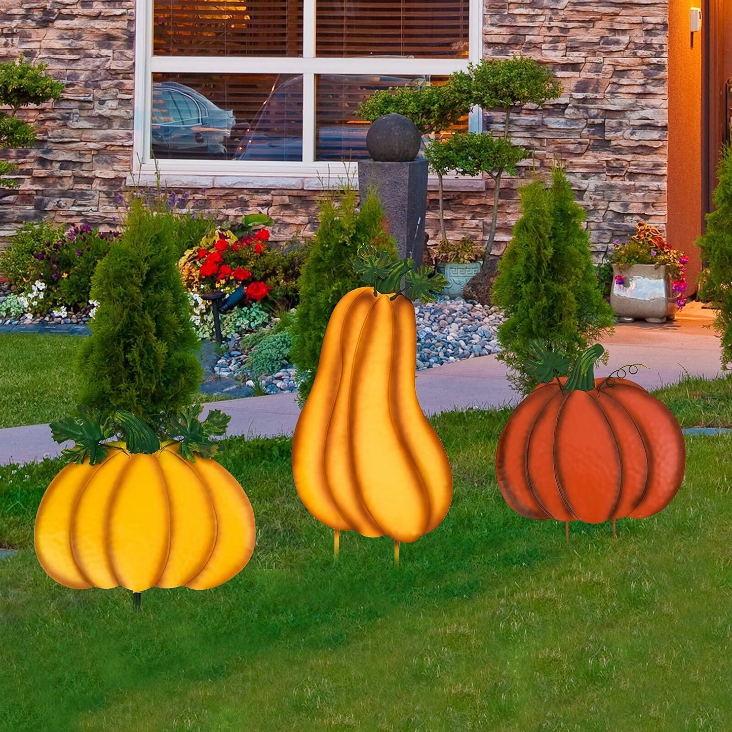 ALLADINBOX Rustic Stacked 3 Pumpkin Yard Stake Thanksgiving Fall Decor