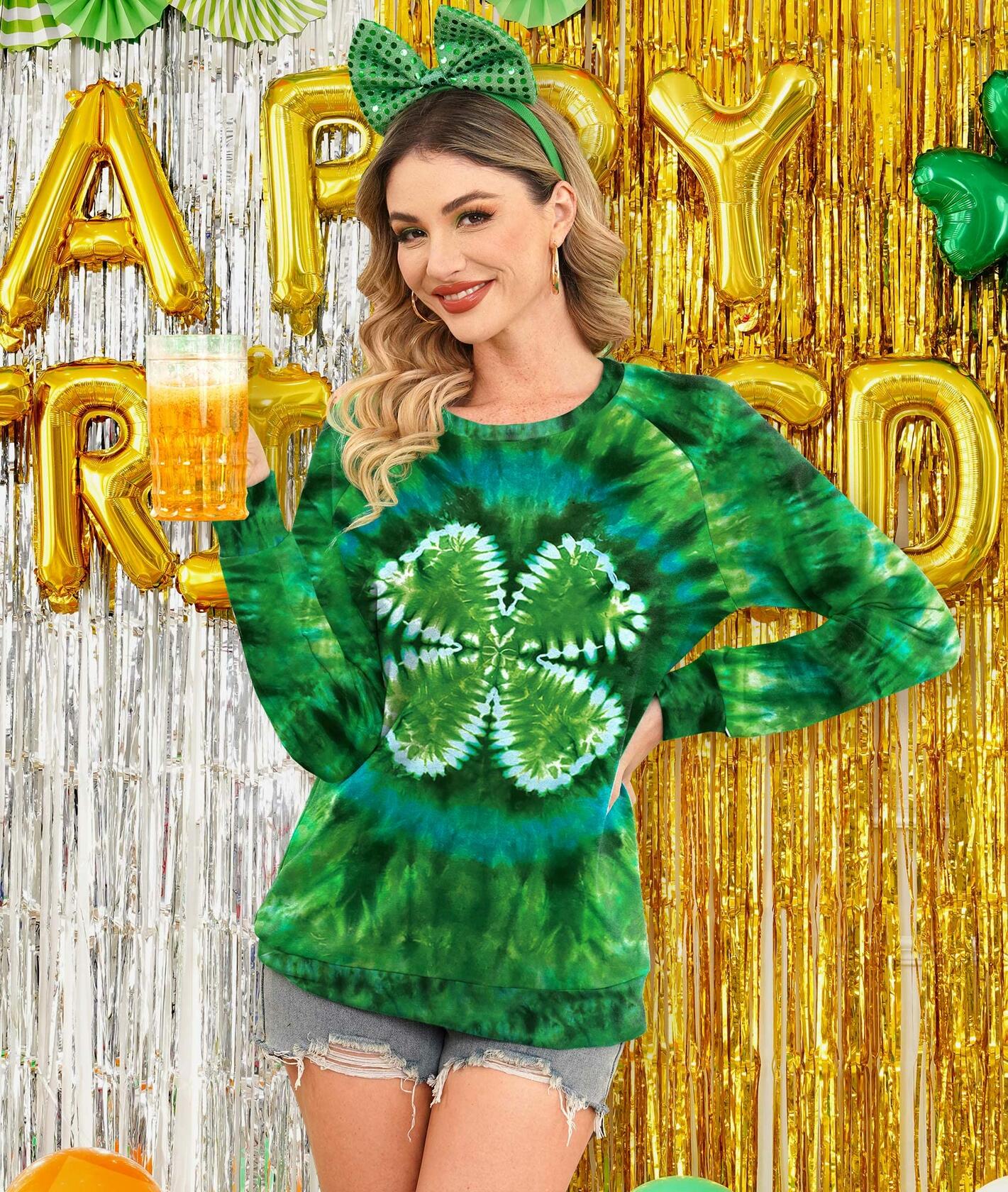 St. Patricks Day Womens Irish Shamrock Lightweight Raglan Sweatshirt Green 2XL