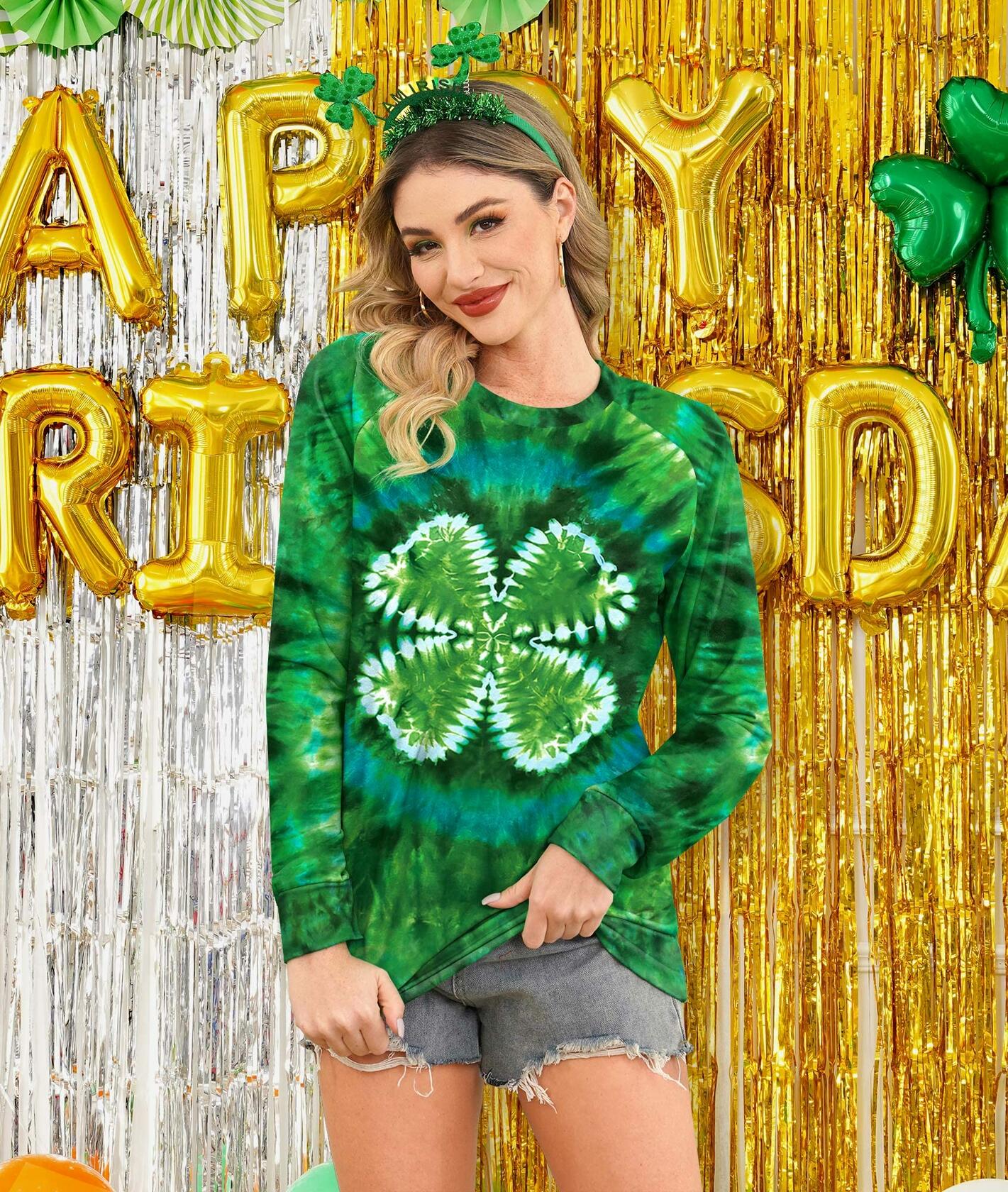 St. Patricks Day Womens Irish Shamrock Lightweight Raglan Sweatshirt Green 2XL