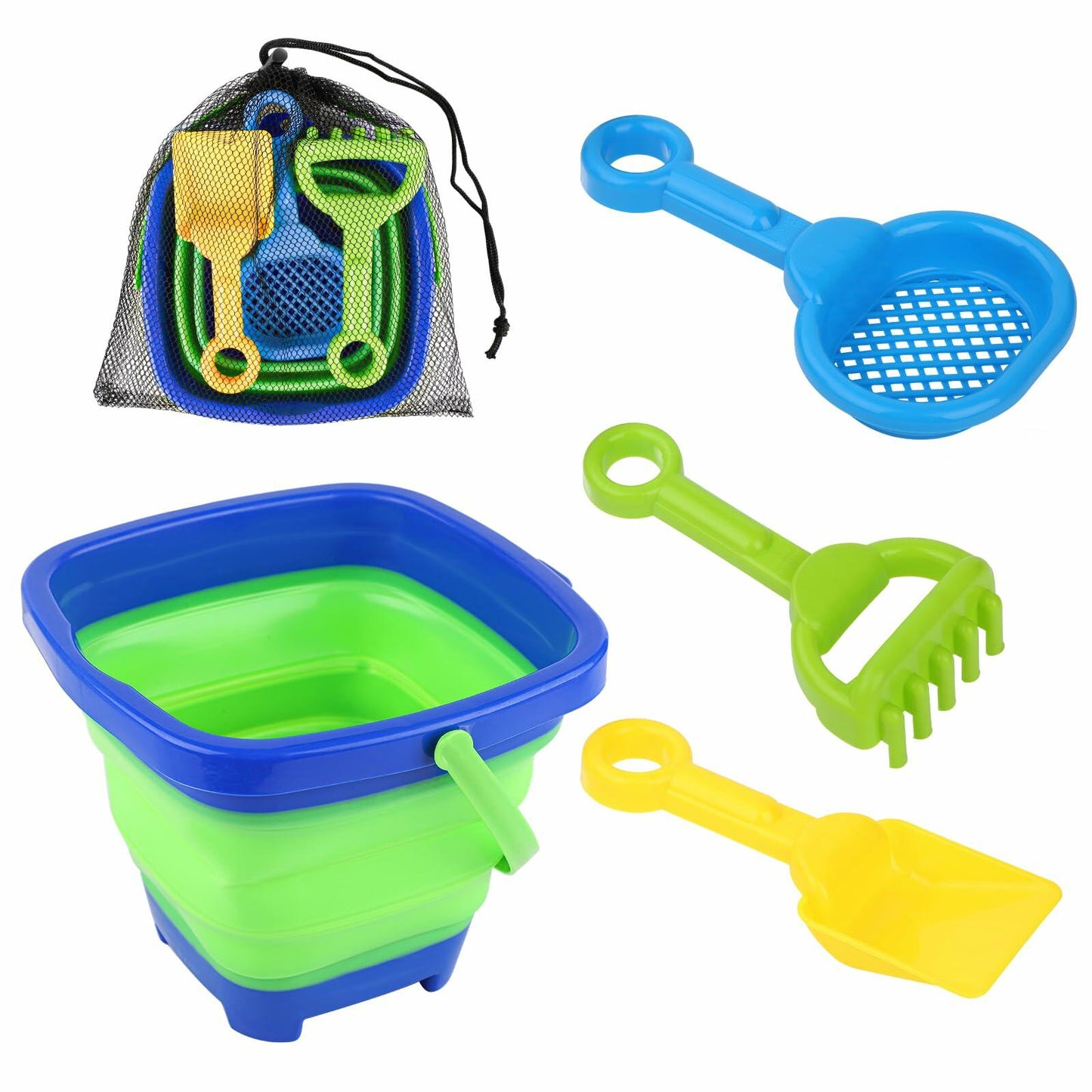 Beach Toys Set Collapsible Bucket 3 Shovels Mesh Bag Foldable Pail Toddler