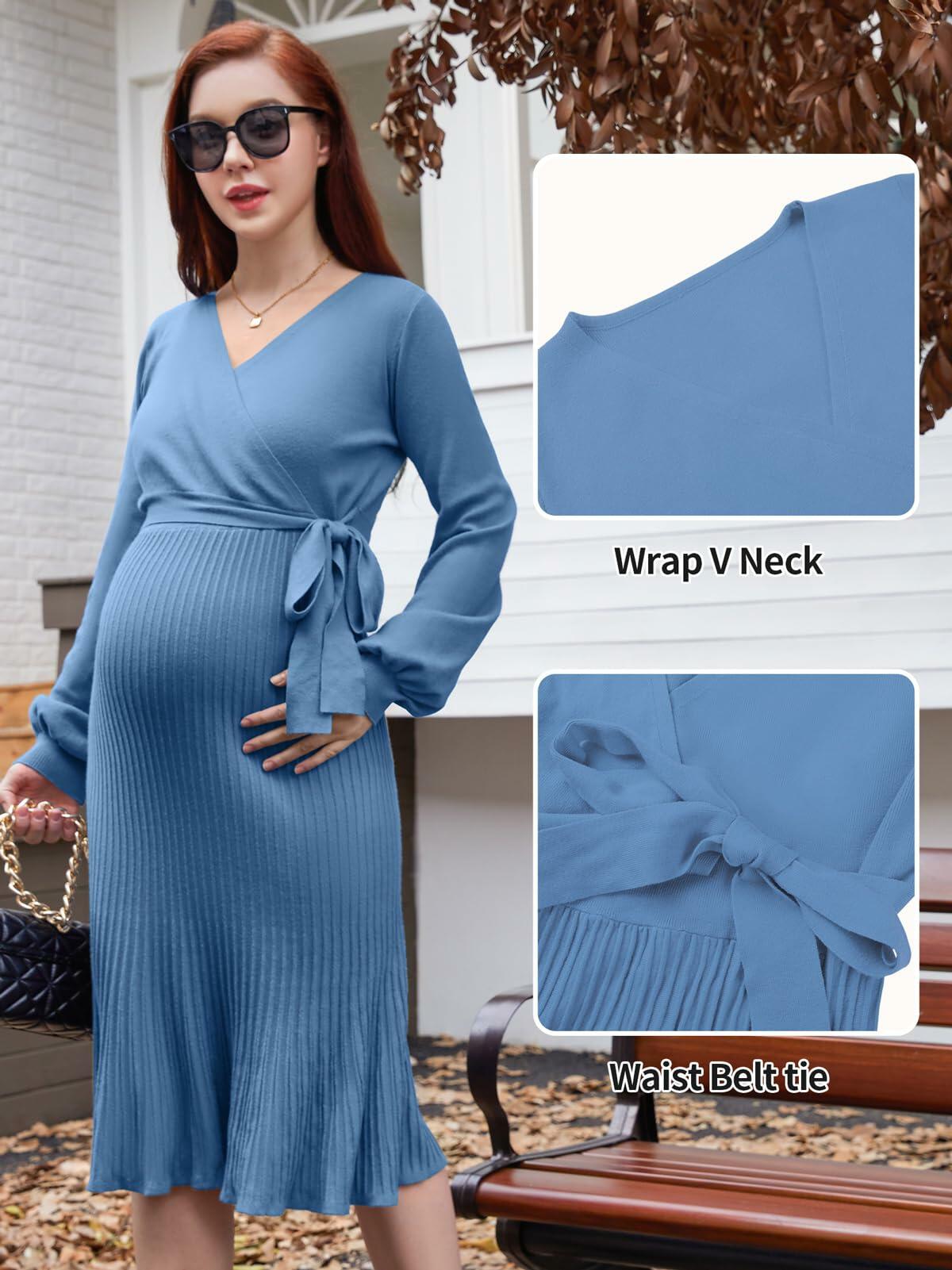 V FOR CITY Maternity Sweater Dress Wrap Knit Pleated Midi Blue Size M