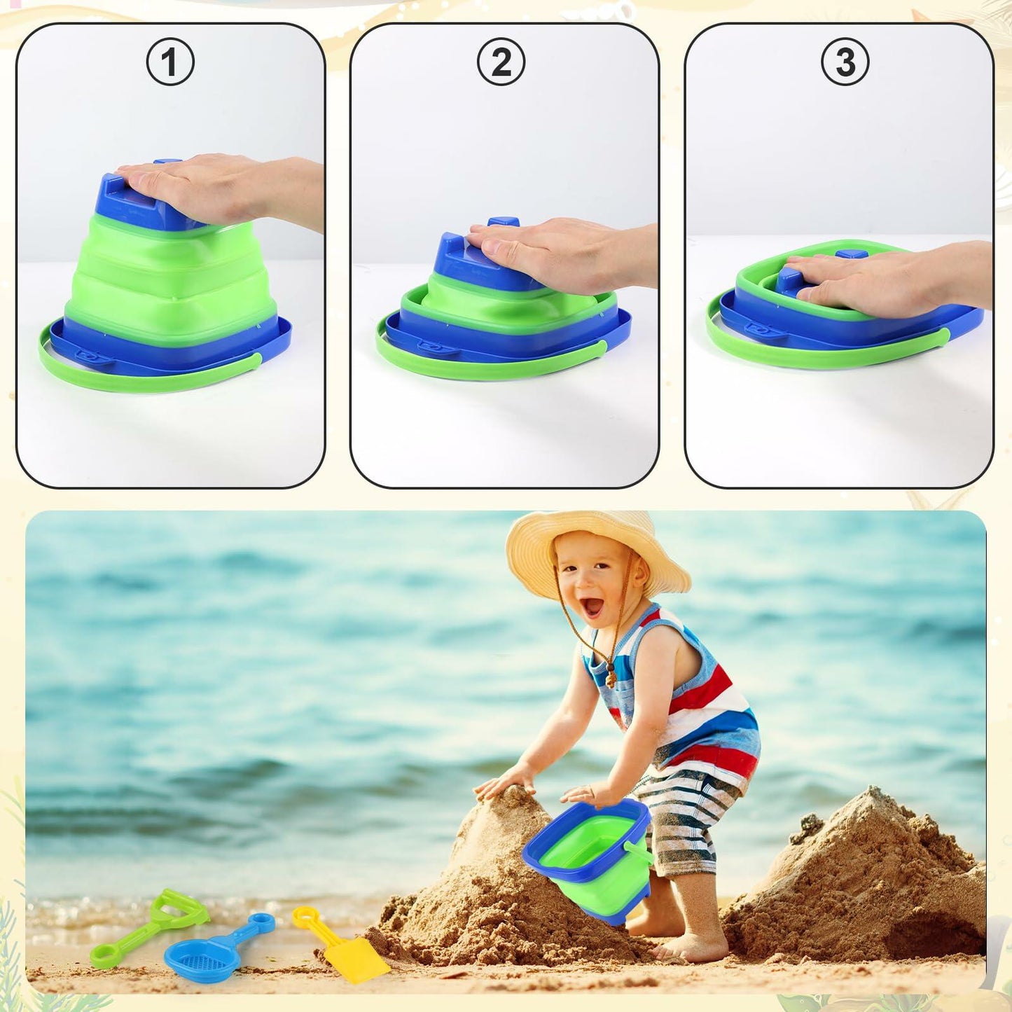 Beach Toys Set Collapsible Bucket 3 Shovels Mesh Bag Foldable Pail Toddler