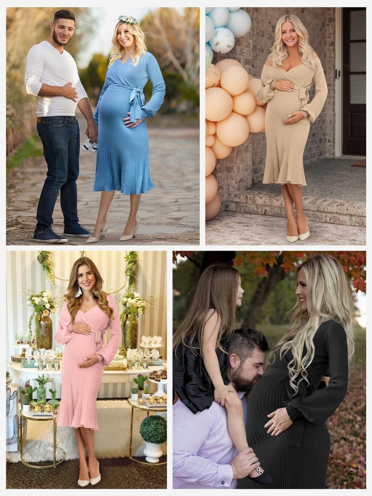 V FOR CITY Maternity Sweater Dress Wrap Knit Pleated Midi Blue Size M