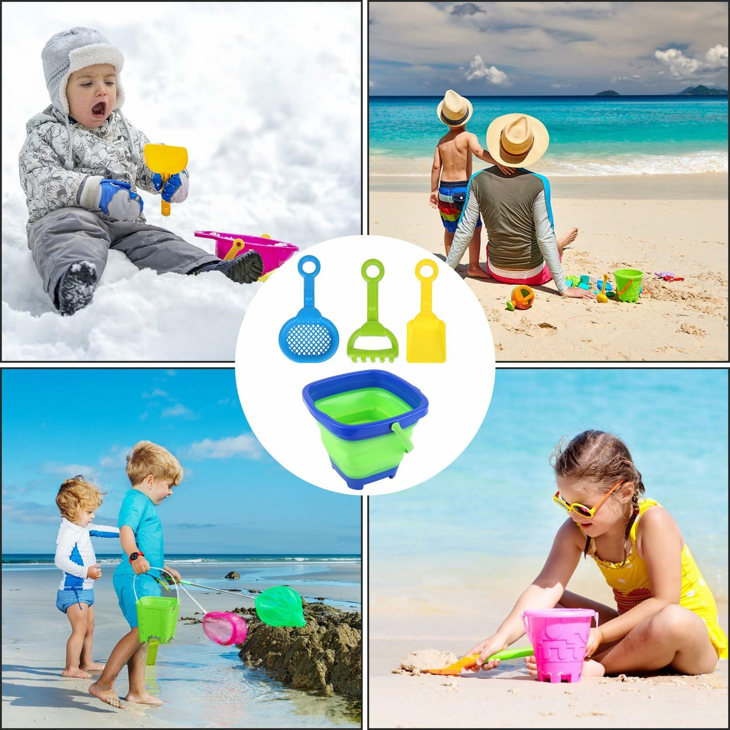 Beach Toys Set Collapsible Bucket 3 Shovels Mesh Bag Foldable Pail Toddler