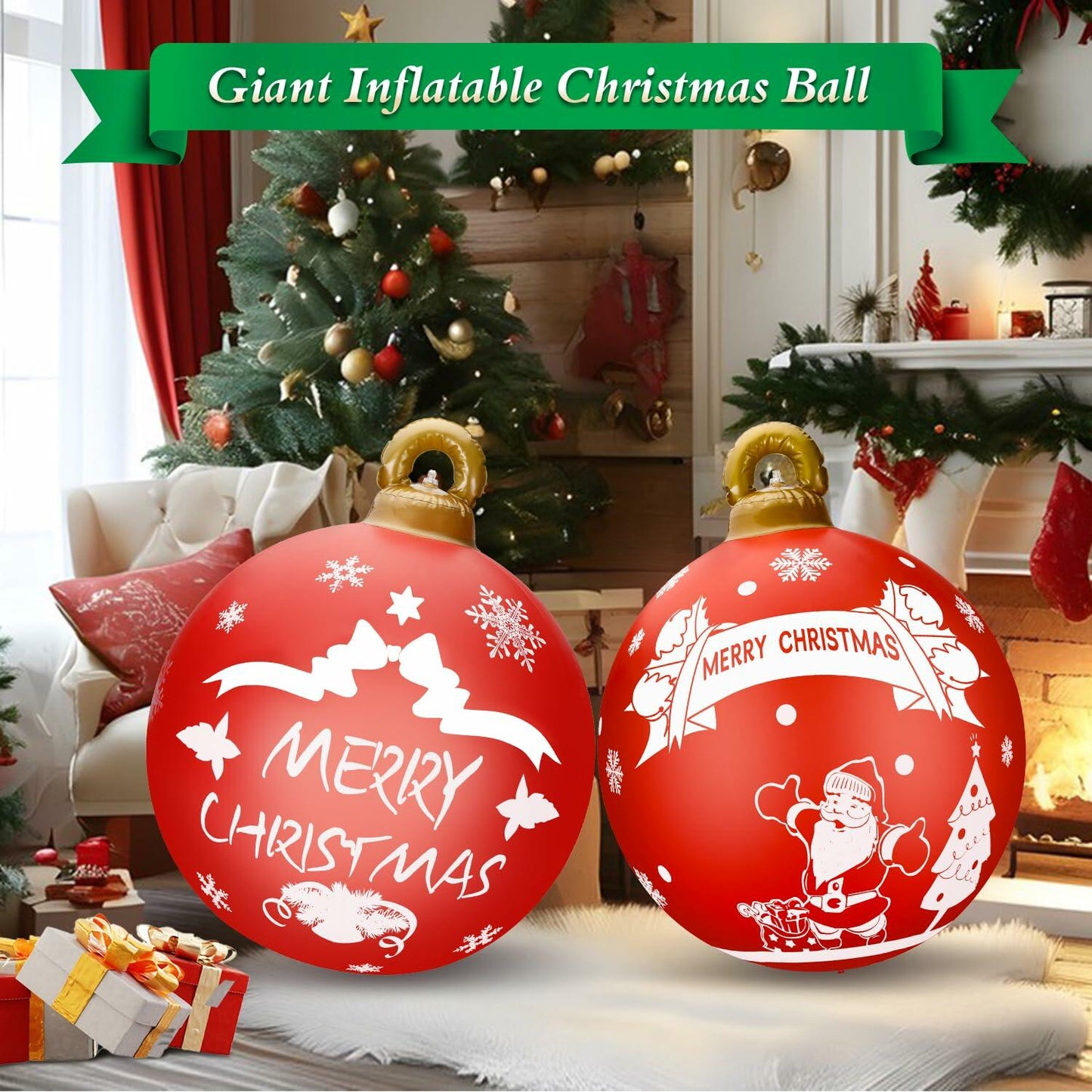 2 Pcs 32in PVC Inflatable Christmas Ball Ornaments Santa Claus Outdoor Decor
