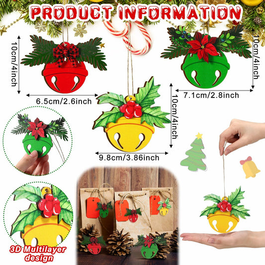 12 Pcs 3D Wooden Christmas Jingle Bell Ornaments Buffalo Plaid Bow