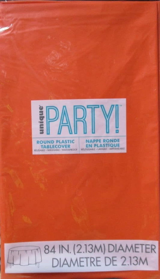 Vibrant Orange Round Plastic Table Cover 84" 1 Count Durable Reusable