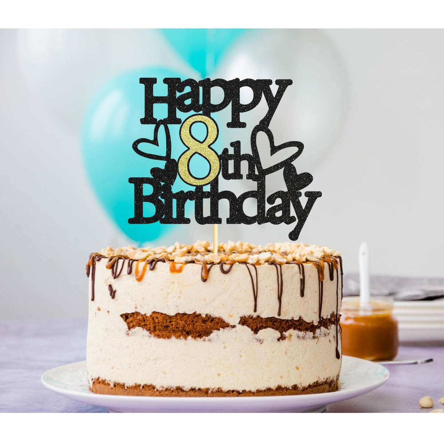 Sumerk 8th Birthday Cake Topper Black Gold Glitter Party Decoration