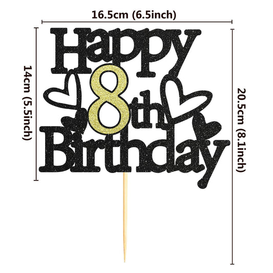 Sumerk 8th Birthday Cake Topper Black Gold Glitter Party Decoration