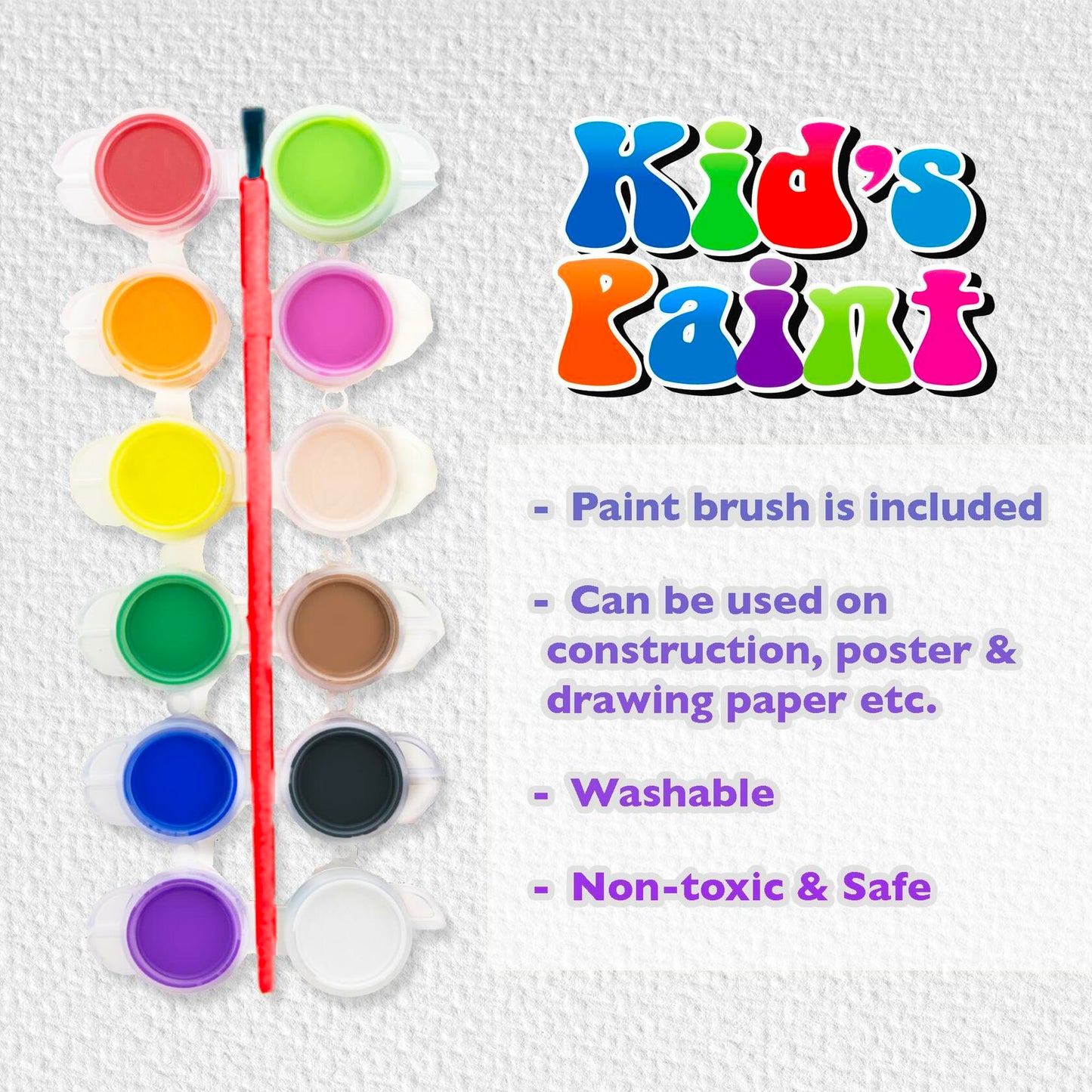 BAZIC Kids Paint Set 12 Colors 60ml Non-Toxic Vibrant Colors 1-Pack