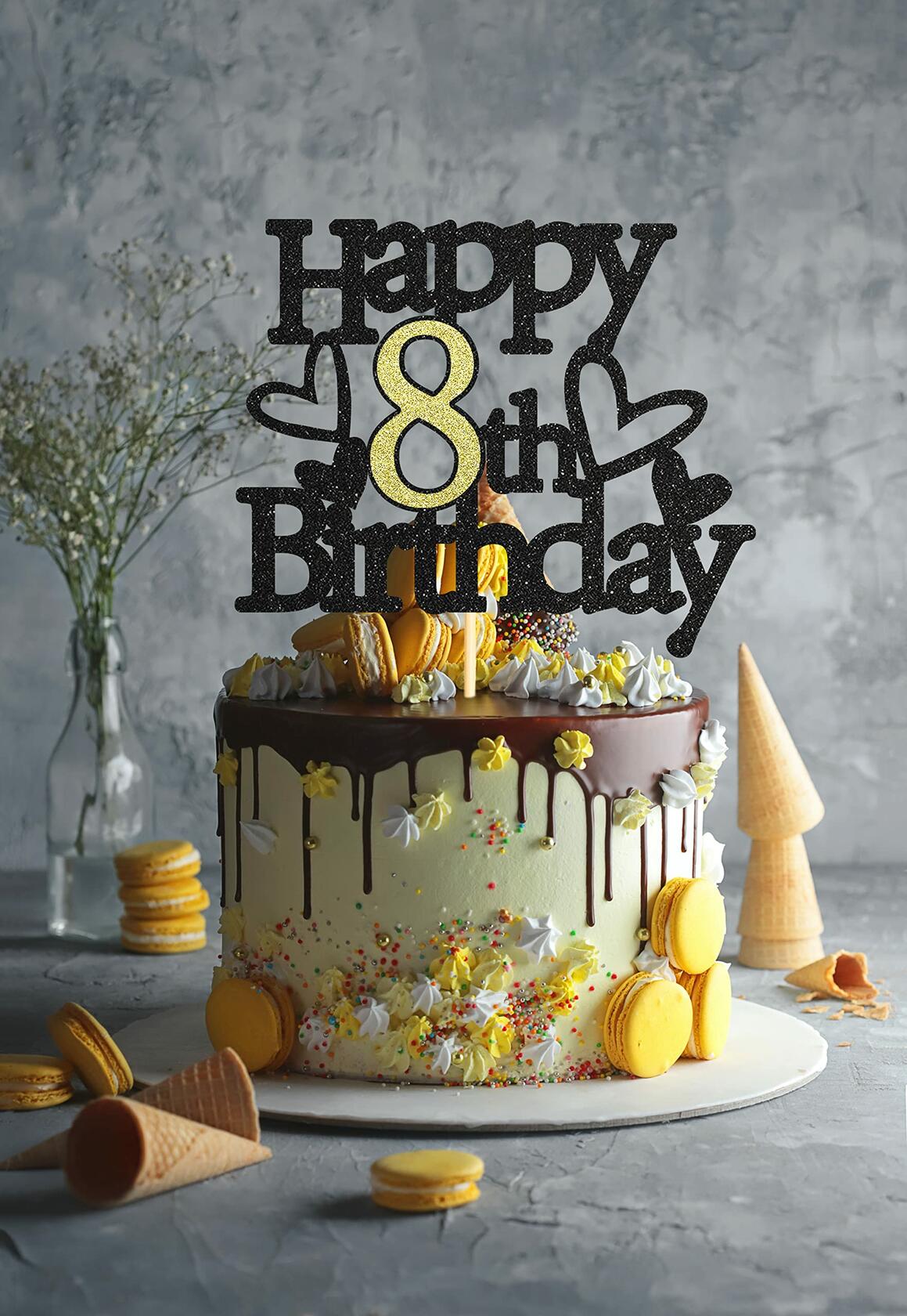 Sumerk 8th Birthday Cake Topper Black Gold Glitter Party Decoration