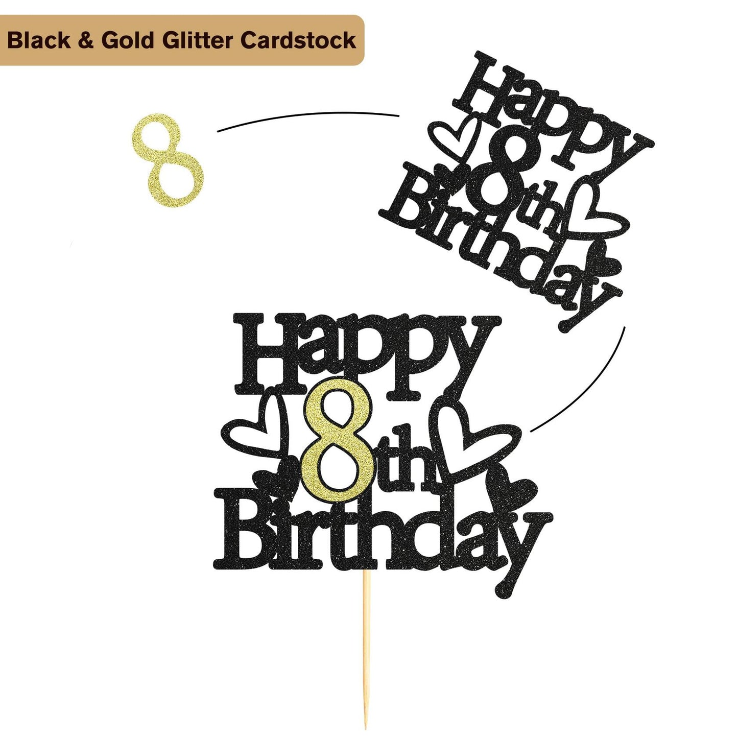 Sumerk 8th Birthday Cake Topper Black Gold Glitter Party Decoration