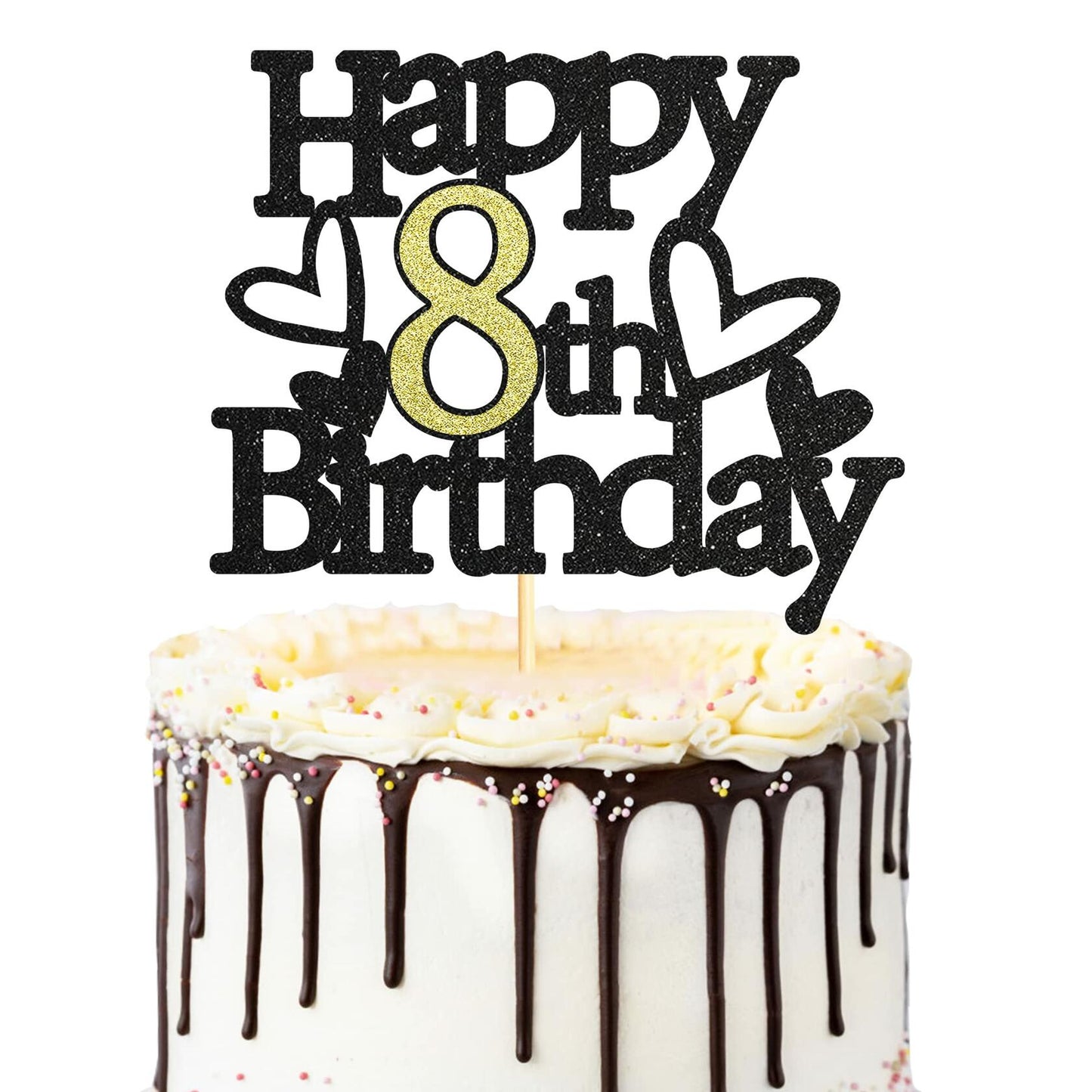 Sumerk 8th Birthday Cake Topper Black Gold Glitter Party Decoration