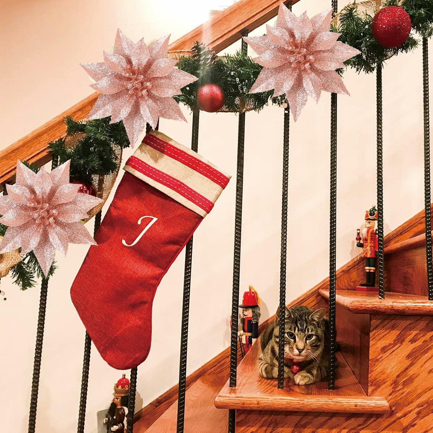 YOSICHY 12 Pcs Artificial Christmas Poinsettia Flowers Deep Champagne Clips