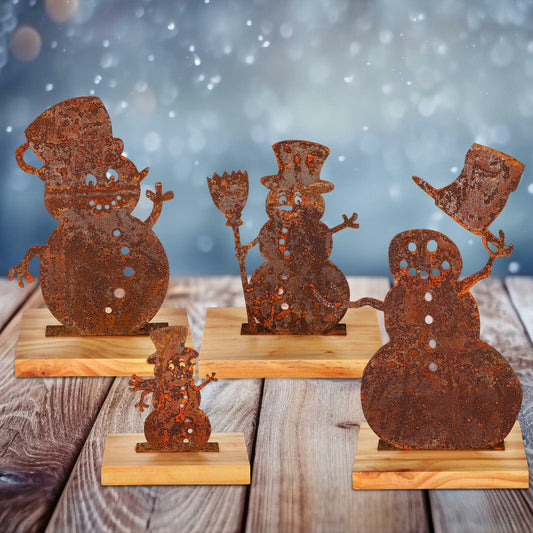 Vercraft 4 Pc Metal Vintage Snowman Tabletop Decor with Wooden Base Rusty