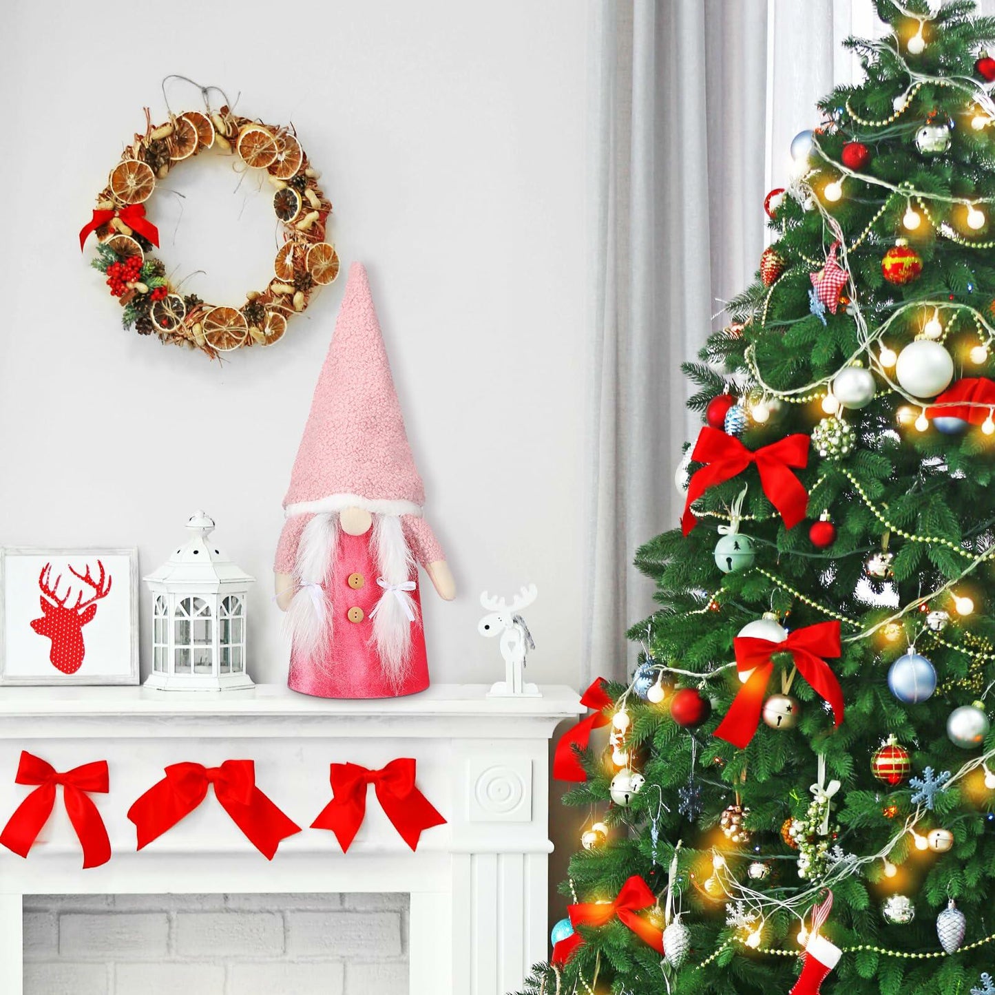 Gejoy Christmas Tree Topper 21.65in Pink Gnome Plush Scandinavian Xmas Decor
