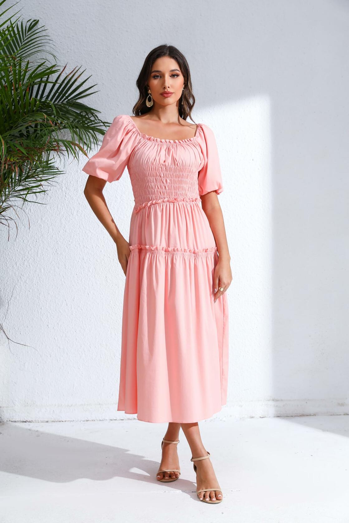 Love Welove Fashion Women's Formal Midi Puff Sleeve Dress Pastel Pink